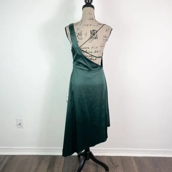 Lulus NWOT Cowl Neck Satin Asymmetrical Midi Dress Green Size M - Picture 3 of 5